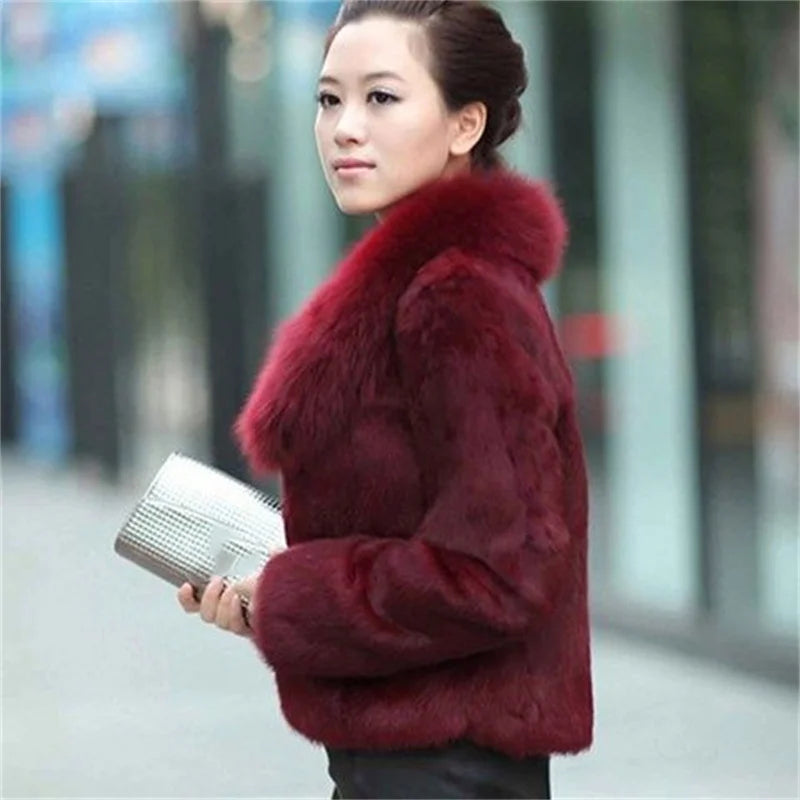 Women 2023 Autumn Winter New Fur Korean Slim Short Coat Female Imitation Fur Fox Fur Collar Imitation Rex Rabbit Fur Jacket Ins