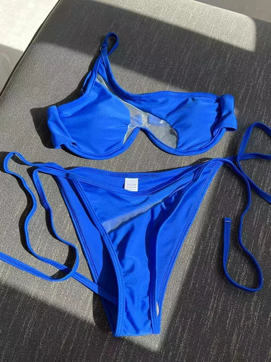 Splicing Mesh One Shoulder Underwire V-bar Bikini Women Swimsuit Female Swimwear Two pieces Bikini set Push Up Bathing suit Swim