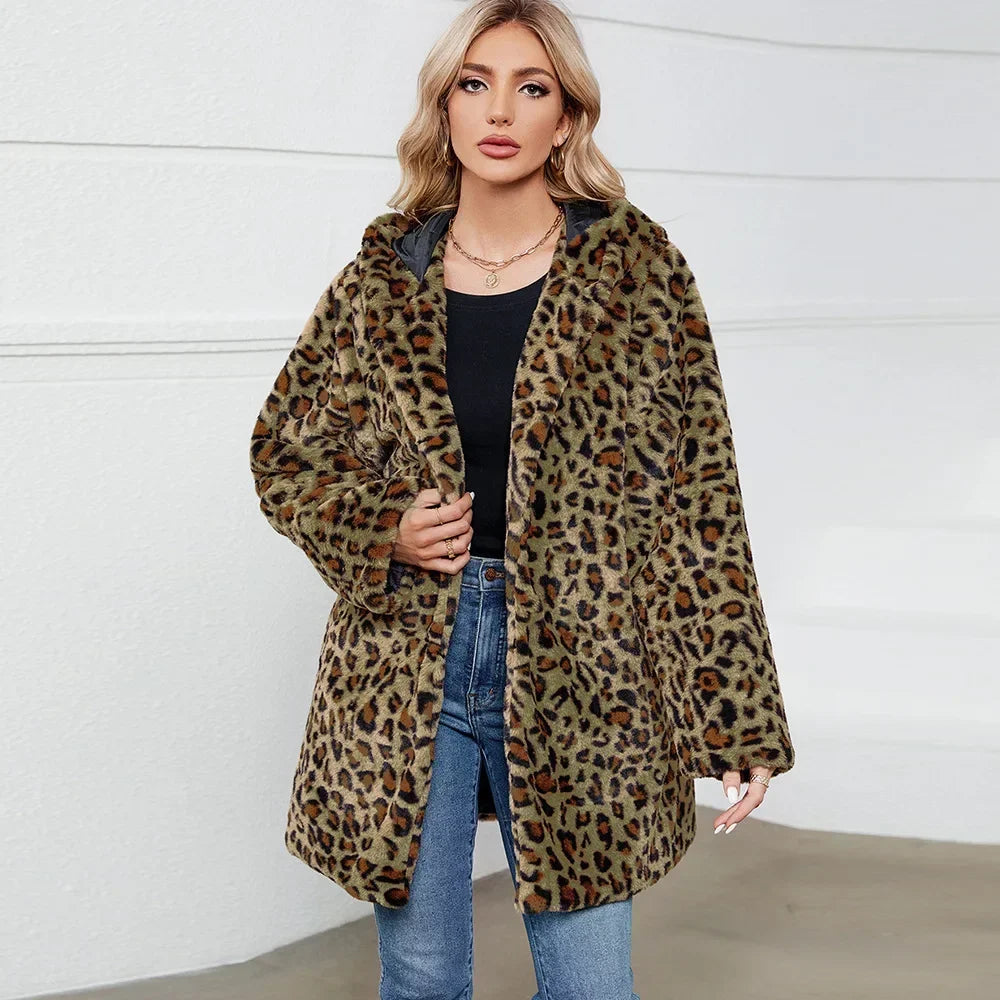 Leopard Print Faux Fur Coat Fur Coat Women Hooded Autumn and Winter Loose Womens Faux Fur Cardigan