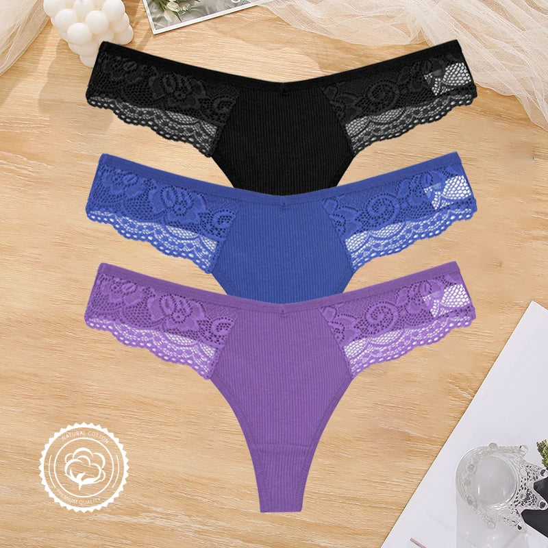 3PCS Cotton Lace Panties for Women Low Wasit Sexy Lingerie Female Soft Solid Color Underwear Hollow V Waist G-String Thongs S-XL