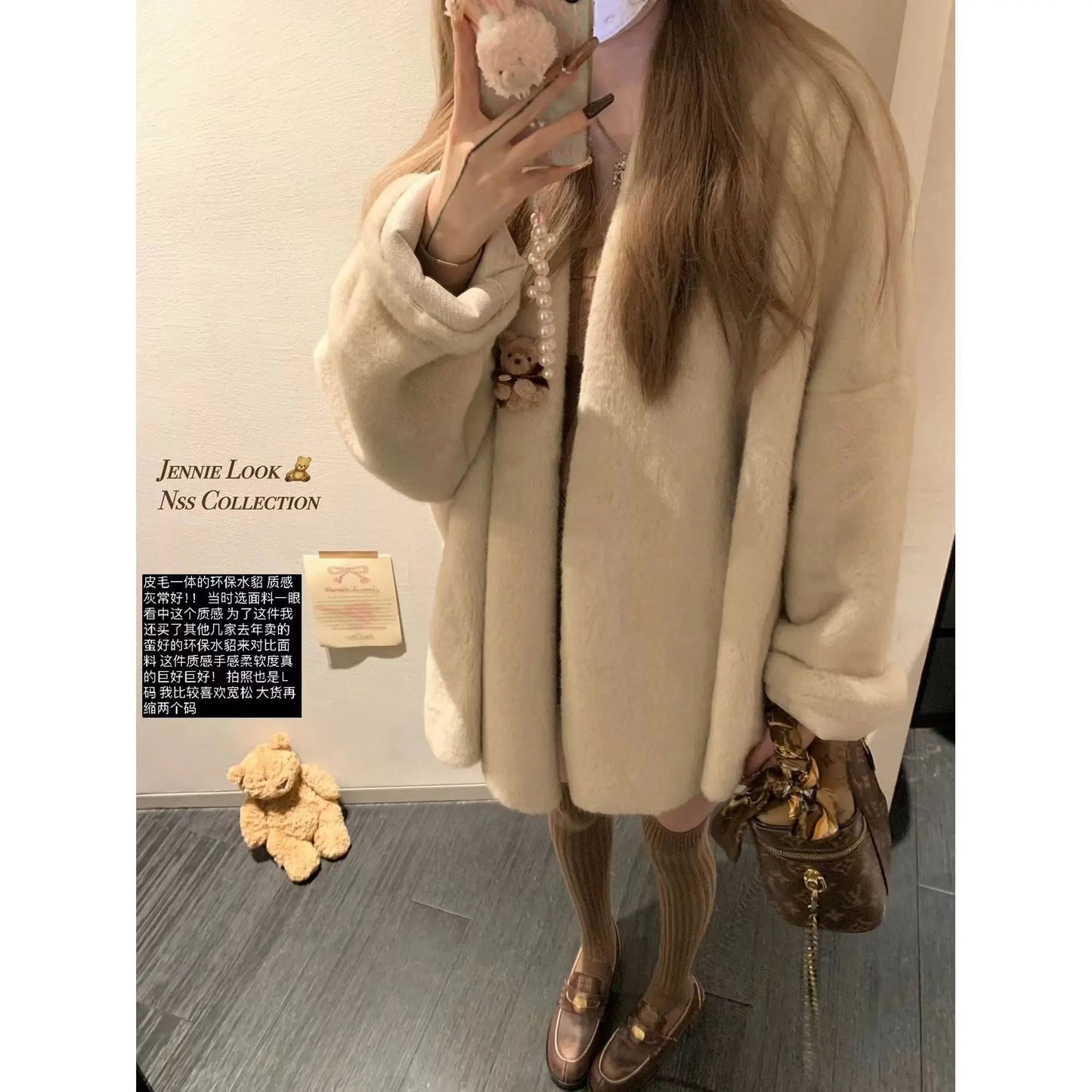 Faux Mink Fur Coat for Women, Covered Button Jackets, V-Neck Overcoat,Female Clothes, Korean, Autumn,Winter,New