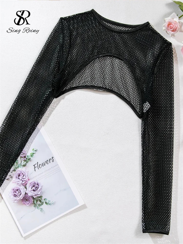 SINGREINY Mesh Porno Sexy Lingerie Sets Female Hollow Out Long Sleeve Tops+Mini Briefs Women Slim Short Sheer Underwear Suits