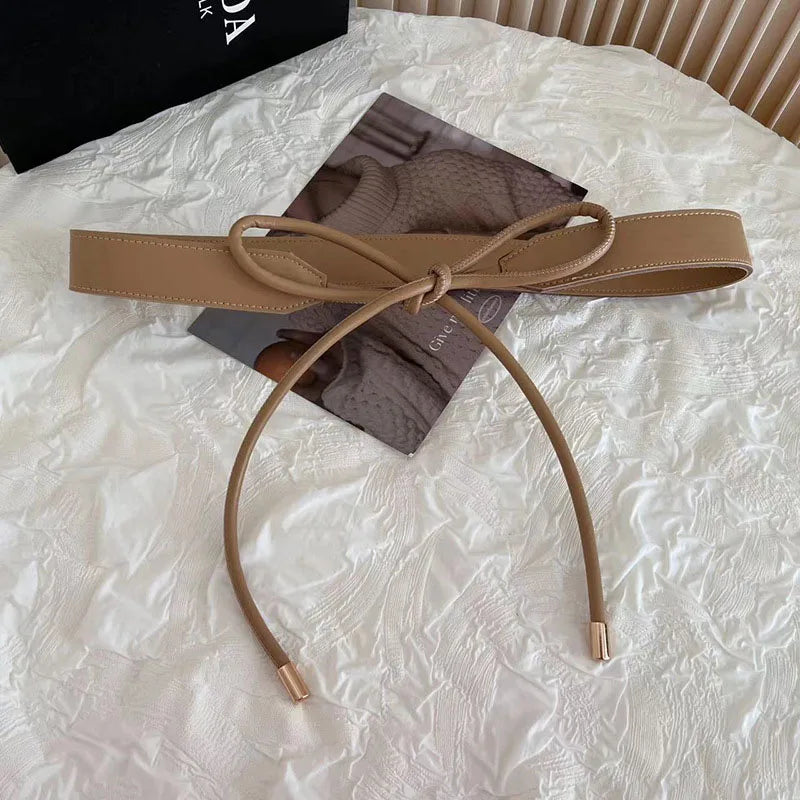 Knotted Belt for Women Korean Bow PU Leather Lace-up Waist Belts Female Sweater Dress Coat Adjustable Decoration Waistband