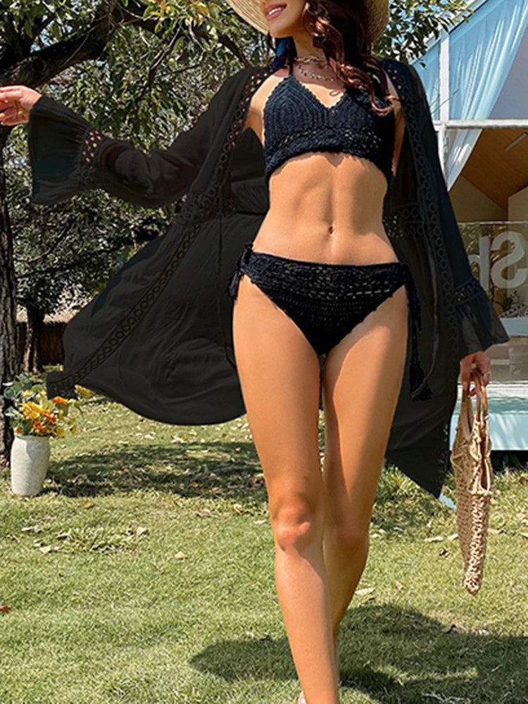 OIINAA Bikini Cover-Ups Women Beach Cover Up Solid Hollow Out Lace Up Plus Size Beach Summer Fashion Female Vacation Beachwear