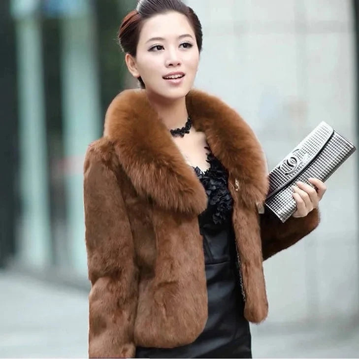 Women 2023 Autumn Winter New Fur Korean Slim Short Coat Female Imitation Fur Fox Fur Collar Imitation Rex Rabbit Fur Jacket Ins