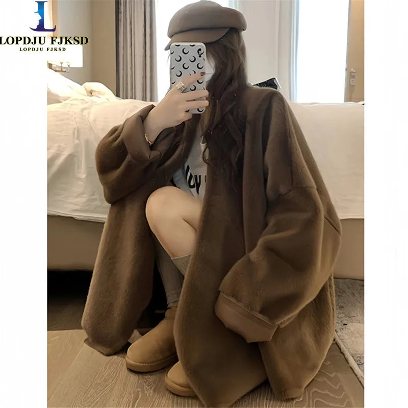Faux Mink Fur Coat for Women, Covered Button Jackets, V-Neck Overcoat,Female Clothes, Korean, Autumn,Winter,New