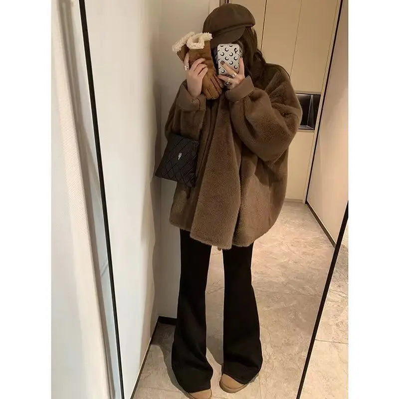 Faux Mink Fur Coat for Women, Covered Button Jackets, V-Neck Overcoat,Female Clothes, Korean, Autumn,Winter,New