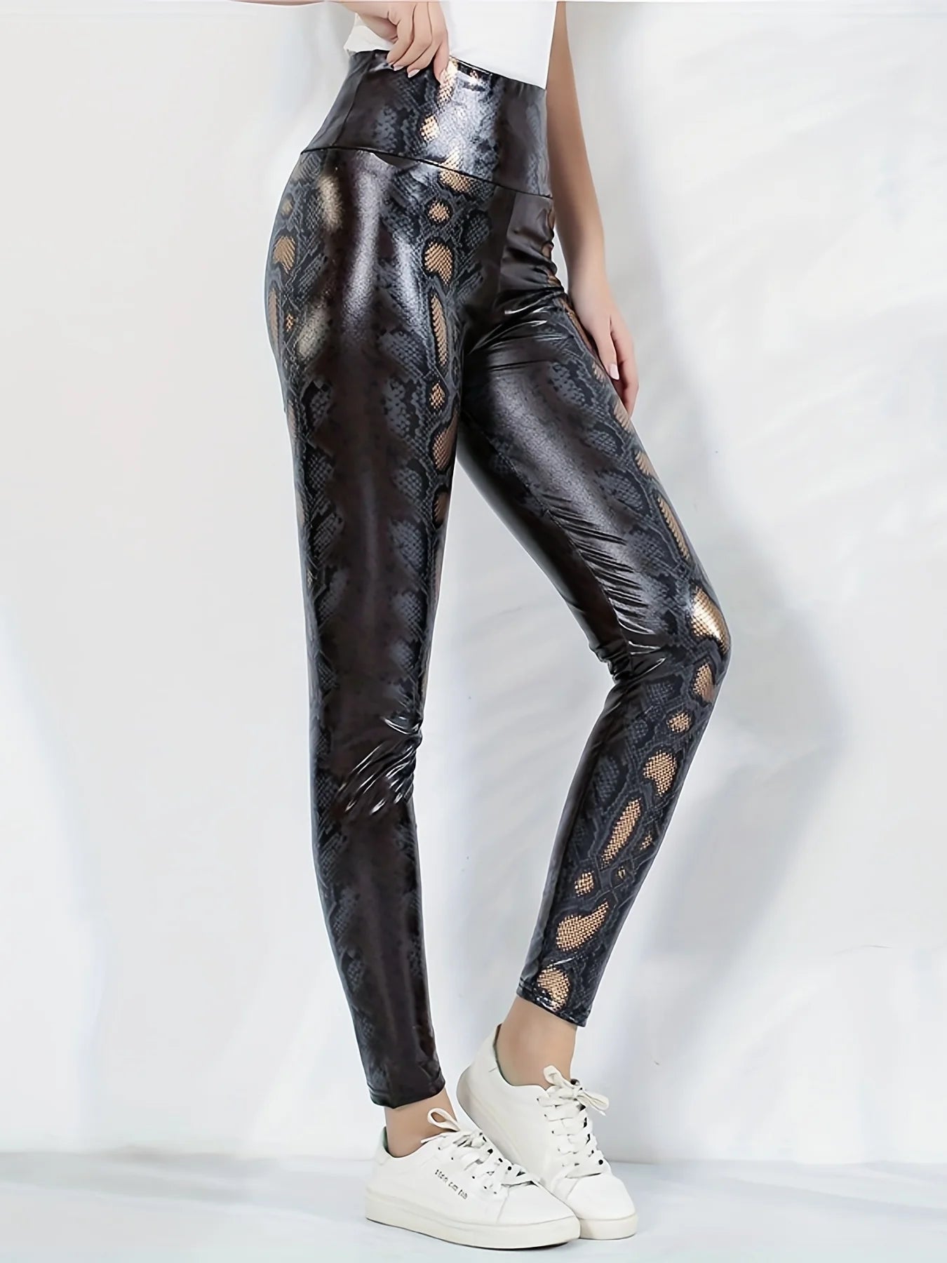 European And American Women's New Leggings High-waisted Tight Stretch Brown Snake Bright Leather Personality Nine-point Pants