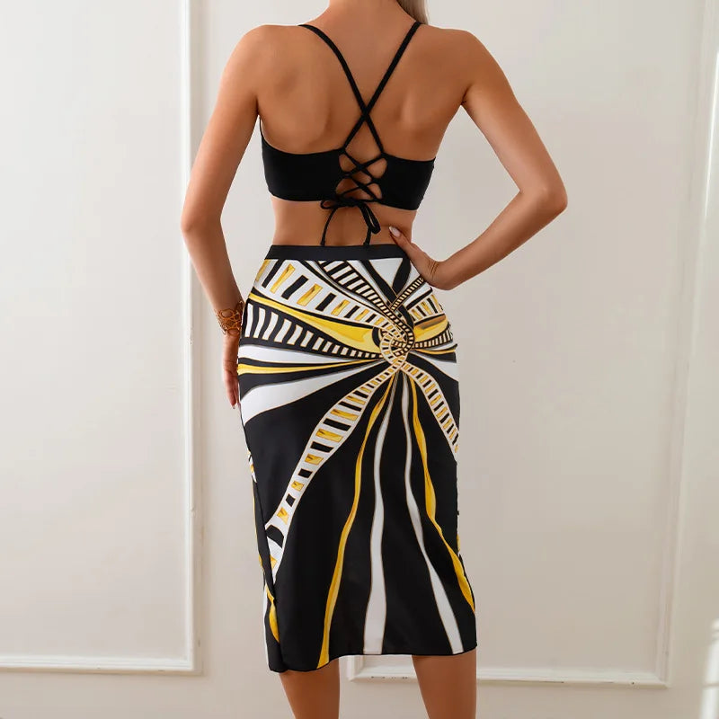 2024 3 Pieces Push Up Bikini Women With Beach Dress High Waist Swimsuit Female Padded Swimwear Bather Bathing Swimming Swim Suit