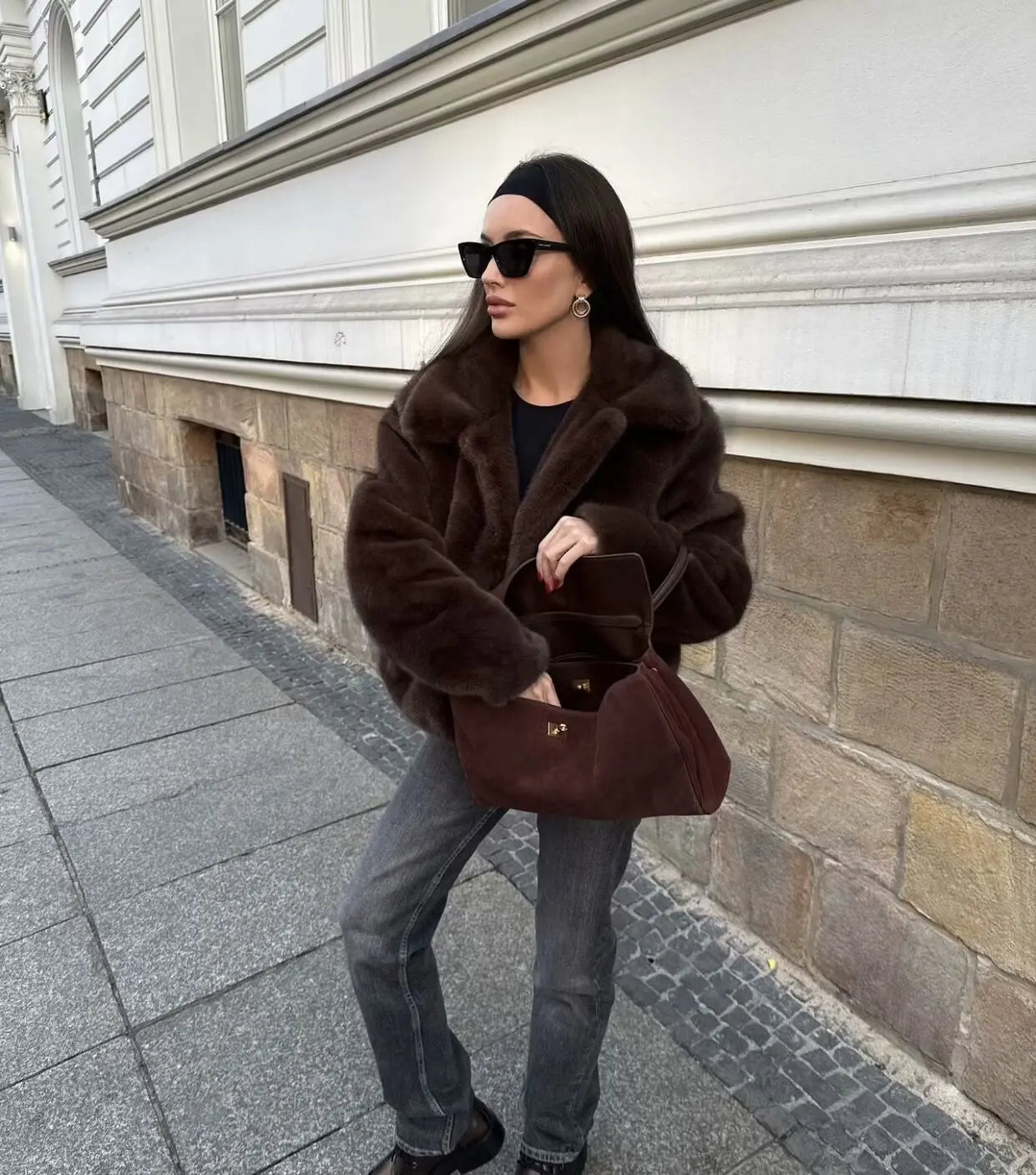 European and American style new fashion simple lapel zipper temperament versatile faux fur coat