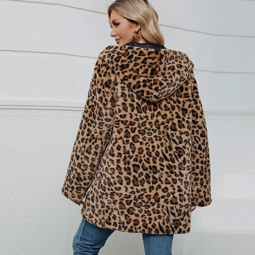 Leopard Print Faux Fur Coat Fur Coat Women Hooded Autumn and Winter Loose Womens Faux Fur Cardigan