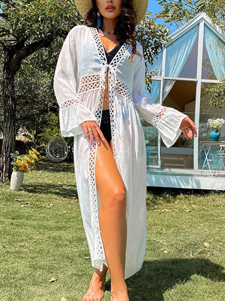 OIINAA Bikini Cover-Ups Women Beach Cover Up Solid Hollow Out Lace Up Plus Size Beach Summer Fashion Female Vacation Beachwear