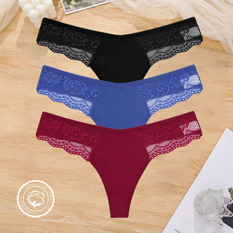 3PCS Cotton Lace Panties for Women Low Wasit Sexy Lingerie Female Soft Solid Color Underwear Hollow V Waist G-String Thongs S-XL