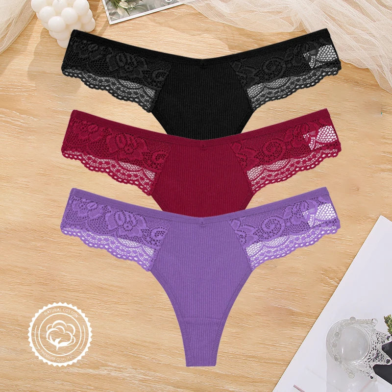 3PCS Cotton Lace Panties for Women Low Wasit Sexy Lingerie Female Soft Solid Color Underwear Hollow V Waist G-String Thongs S-XL
