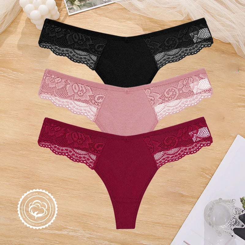 3PCS Cotton Lace Panties for Women Low Wasit Sexy Lingerie Female Soft Solid Color Underwear Hollow V Waist G-String Thongs S-XL