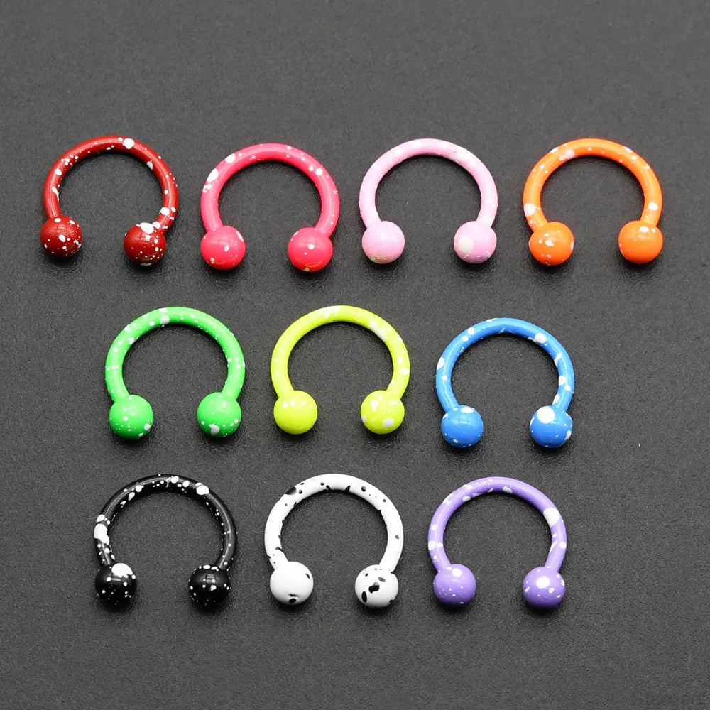 10 Pcs-Set 1.2x8mm Painting Spike Ball Nose Piercing Septum Rings Stainless Steel Horseshoe Ring for Labret Helix BCR Jewelry