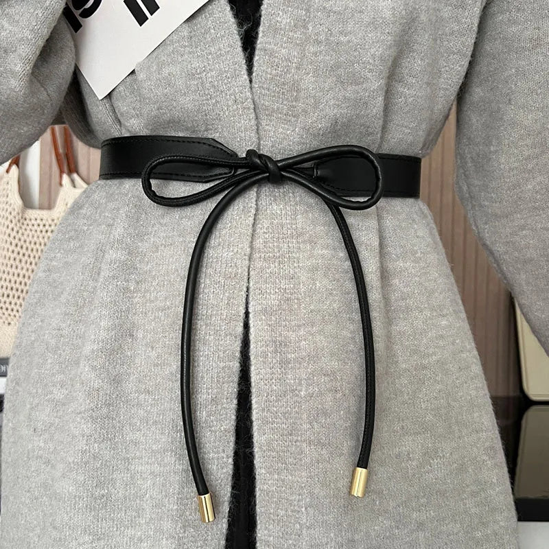 Knotted Belt for Women Korean Bow PU Leather Lace-up Waist Belts Female Sweater Dress Coat Adjustable Decoration Waistband