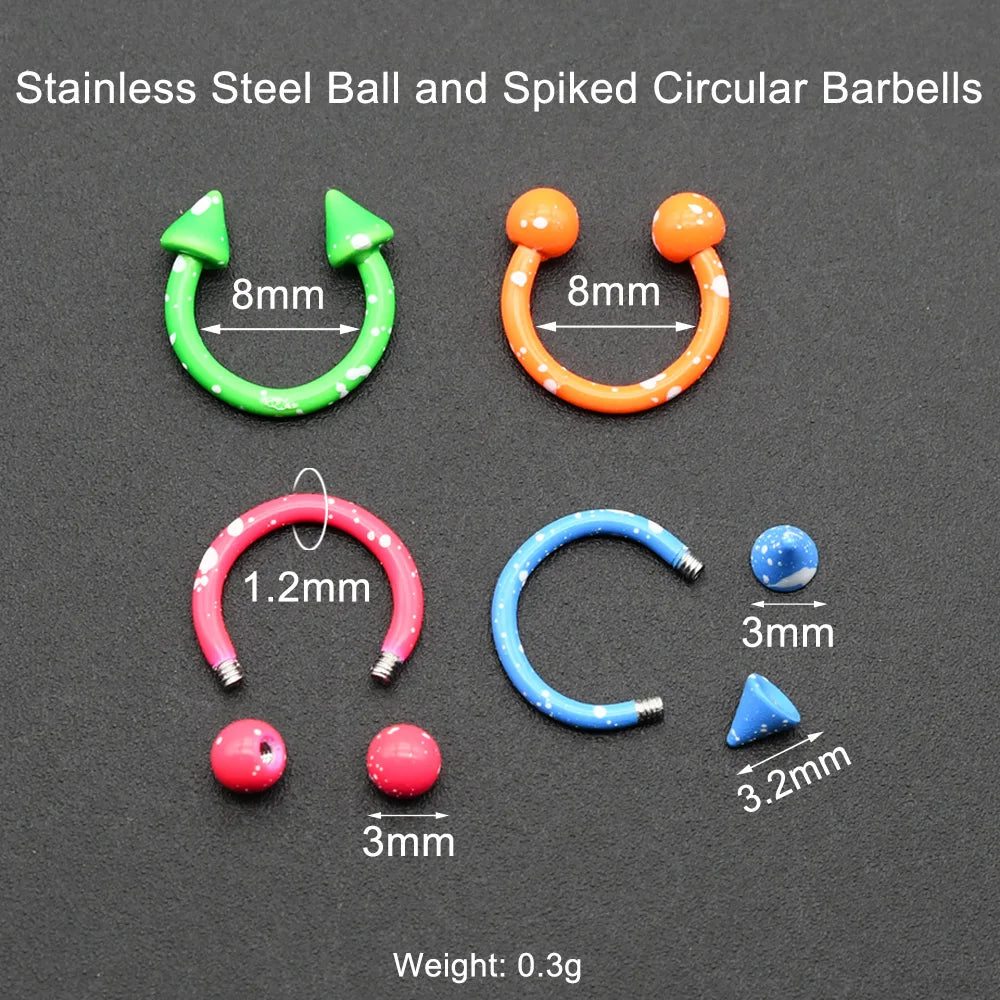 10 Pcs-Set 1.2x8mm Painting Spike Ball Nose Piercing Septum Rings Stainless Steel Horseshoe Ring for Labret Helix BCR Jewelry