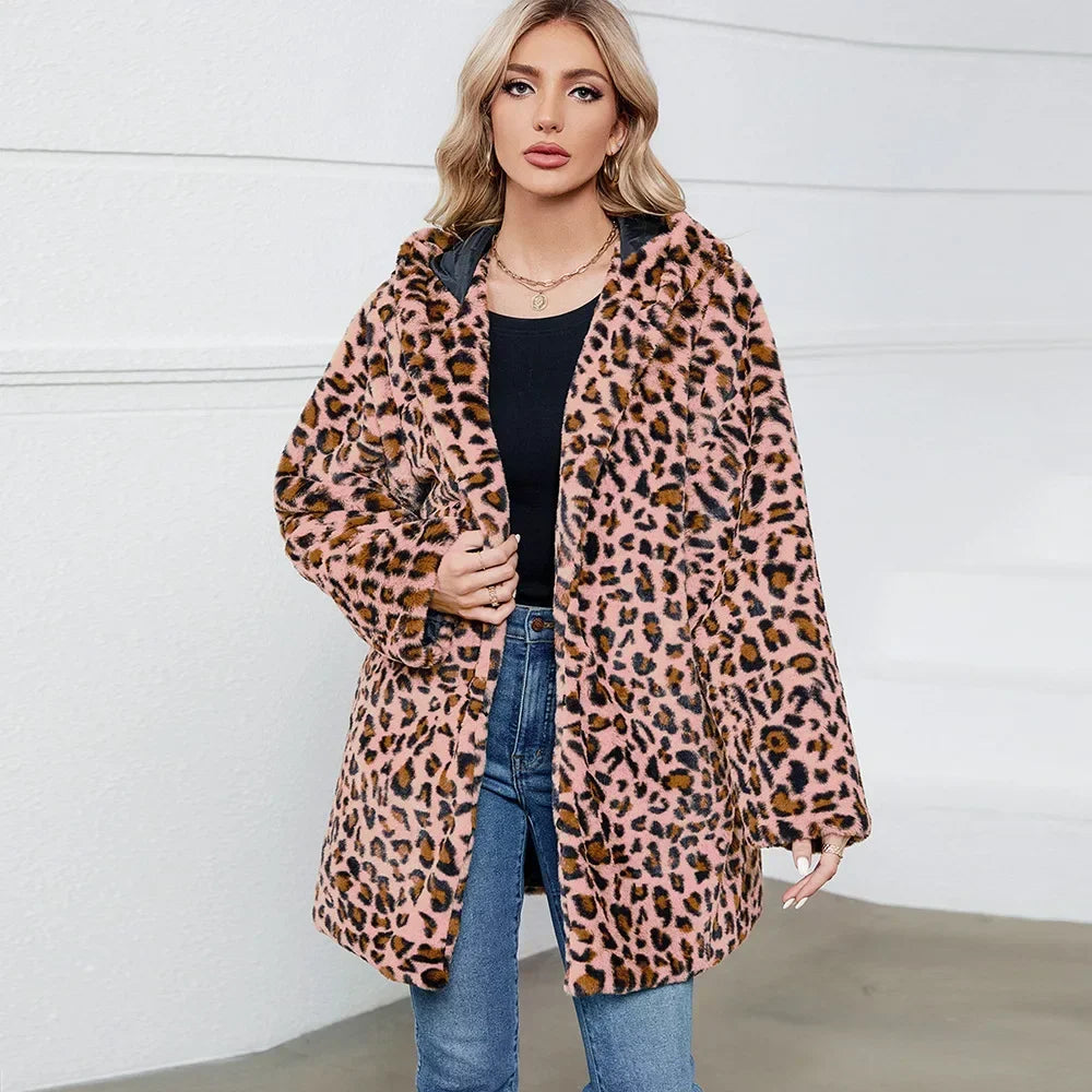 Leopard Print Faux Fur Coat Fur Coat Women Hooded Autumn and Winter Loose Womens Faux Fur Cardigan