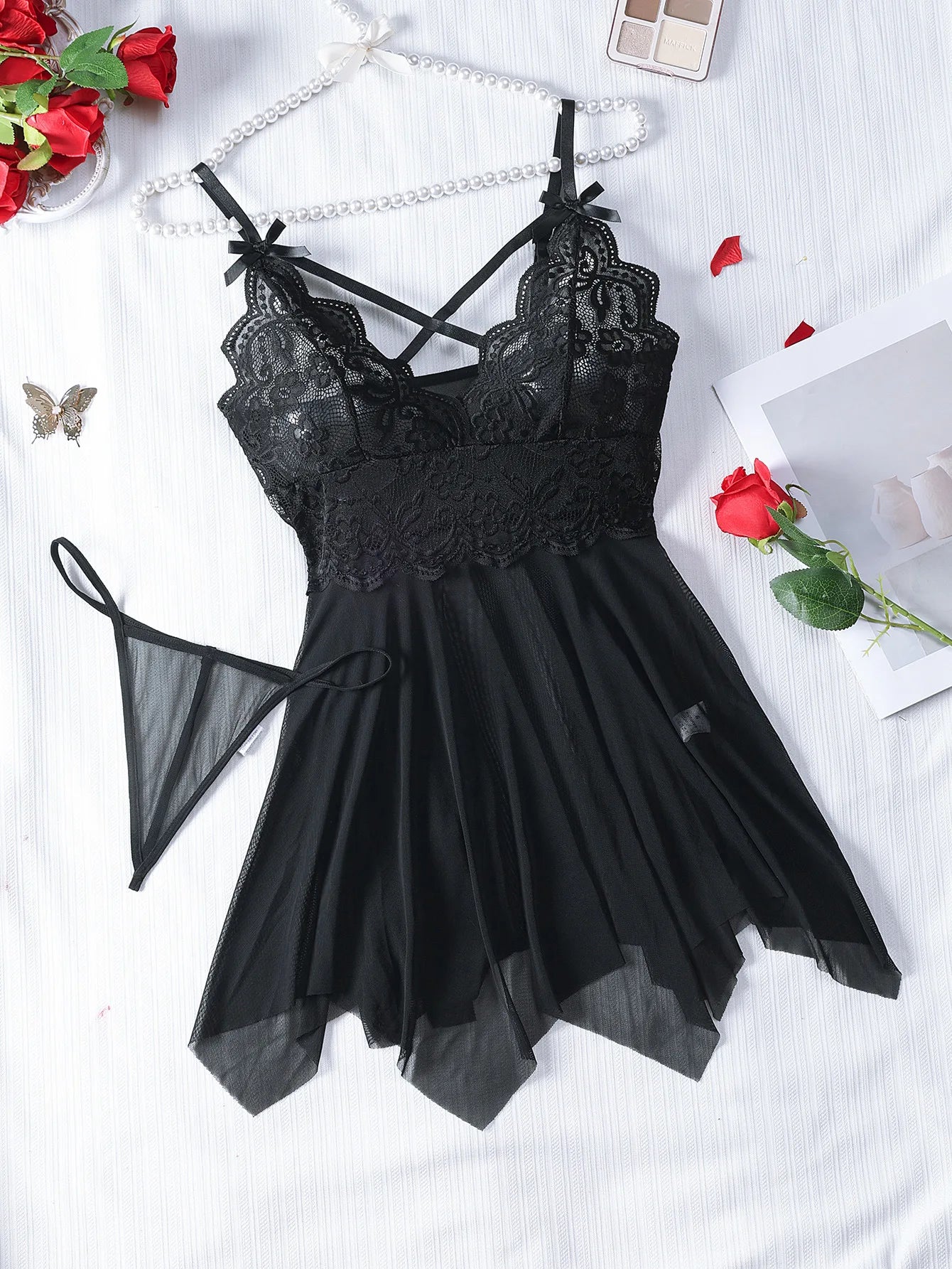 Transparent Red Sexy Lingerie Women's Underwear See Through Sleepwear Lace Nightdress And Panty Pijamas Sets Female Sexy Nighty