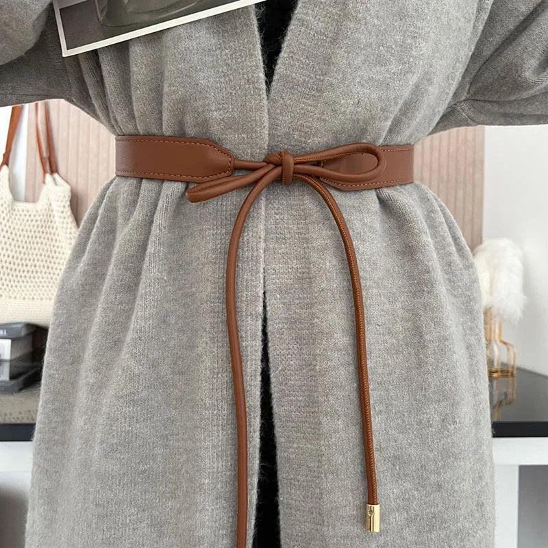 Knotted Belt for Women Korean Bow PU Leather Lace-up Waist Belts Female Sweater Dress Coat Adjustable Decoration Waistband