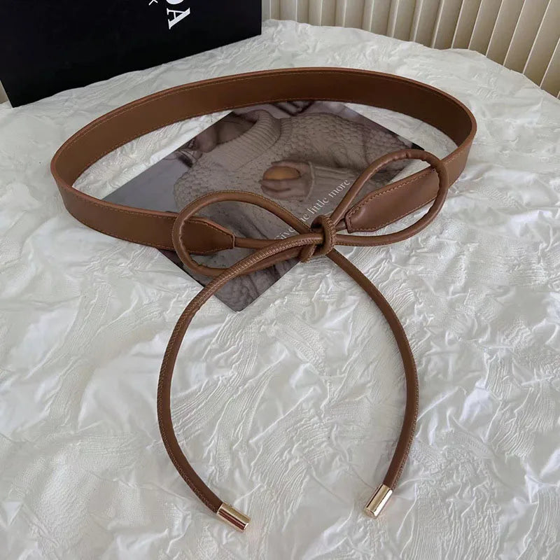 Knotted Belt for Women Korean Bow PU Leather Lace-up Waist Belts Female Sweater Dress Coat Adjustable Decoration Waistband