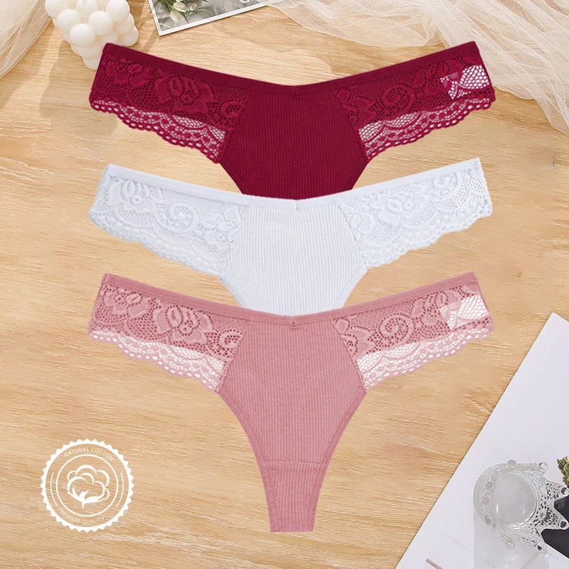 3PCS Cotton Lace Panties for Women Low Wasit Sexy Lingerie Female Soft Solid Color Underwear Hollow V Waist G-String Thongs S-XL