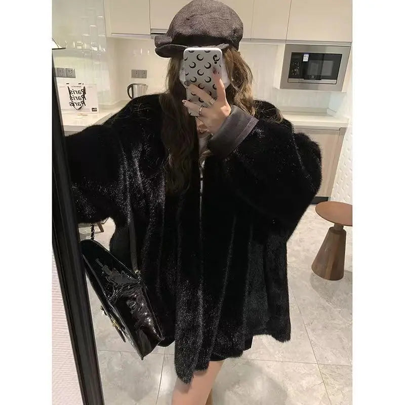 Faux Mink Fur Coat for Women, Covered Button Jackets, V-Neck Overcoat,Female Clothes, Korean, Autumn,Winter,New