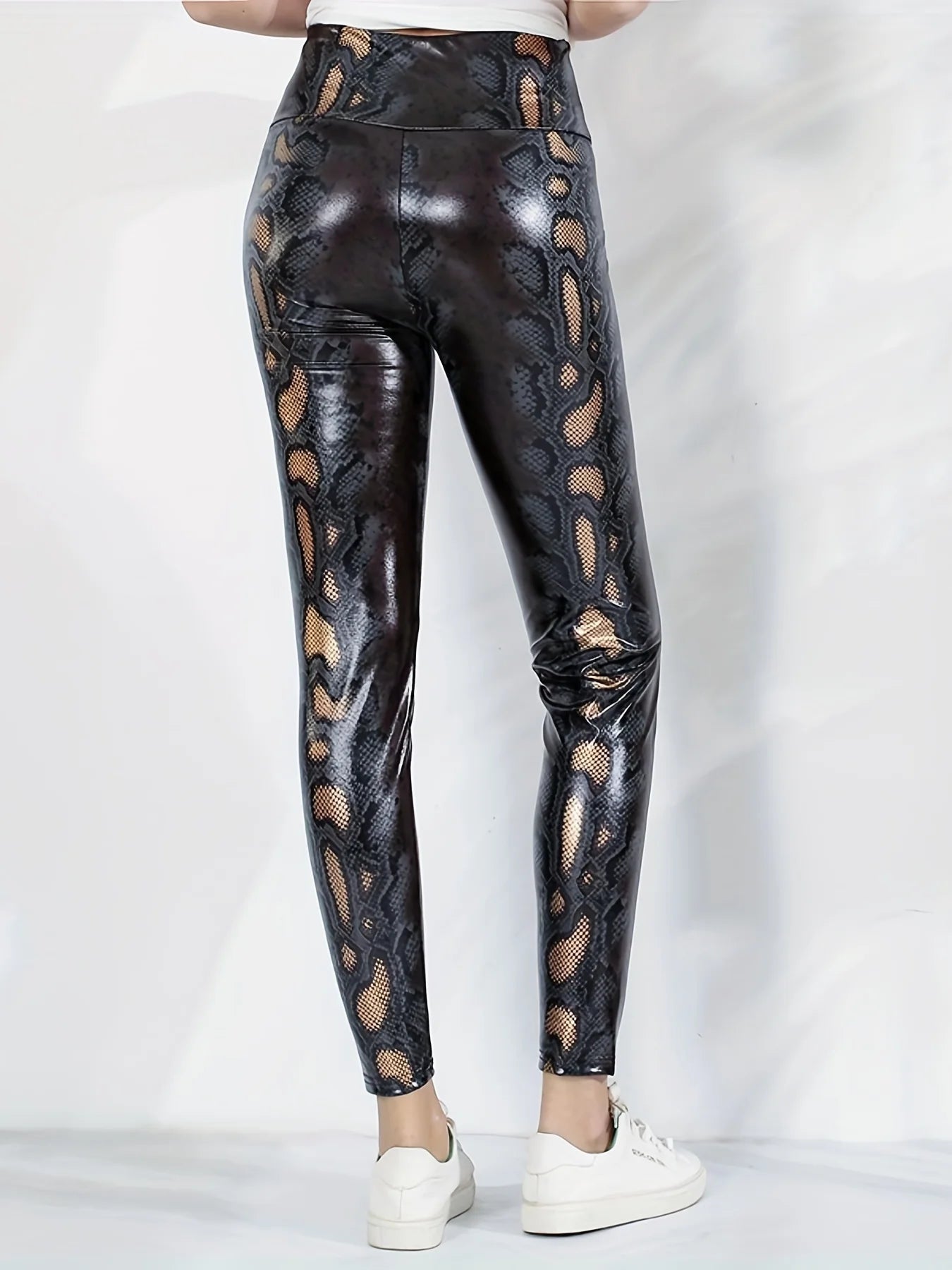 European And American Women's New Leggings High-waisted Tight Stretch Brown Snake Bright Leather Personality Nine-point Pants