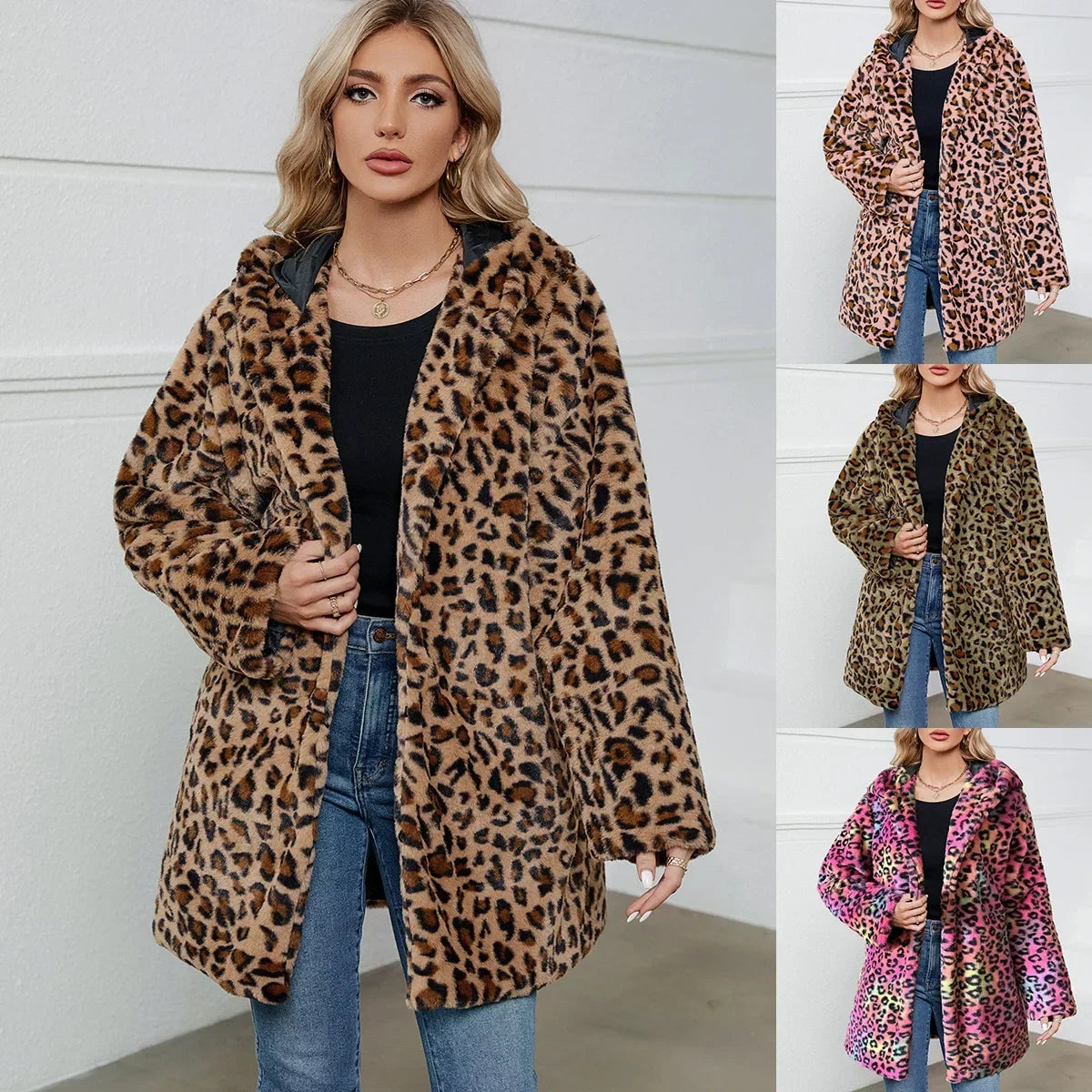 Leopard Print Faux Fur Coat Fur Coat Women Hooded Autumn and Winter Loose Womens Faux Fur Cardigan