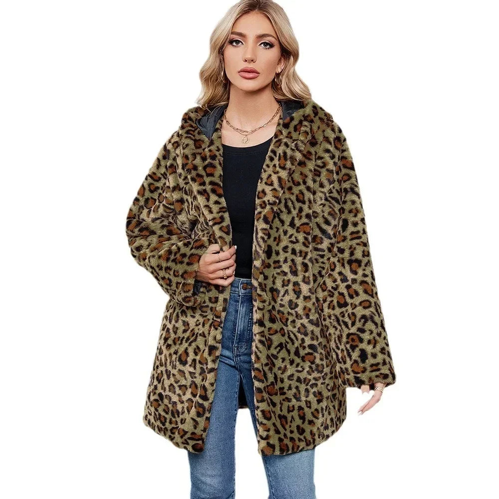 Leopard Print Faux Fur Coat Fur Coat Women Hooded Autumn and Winter Loose Womens Faux Fur Cardigan