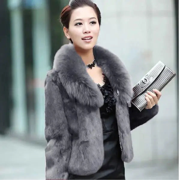 Women 2023 Autumn Winter New Fur Korean Slim Short Coat Female Imitation Fur Fox Fur Collar Imitation Rex Rabbit Fur Jacket Ins