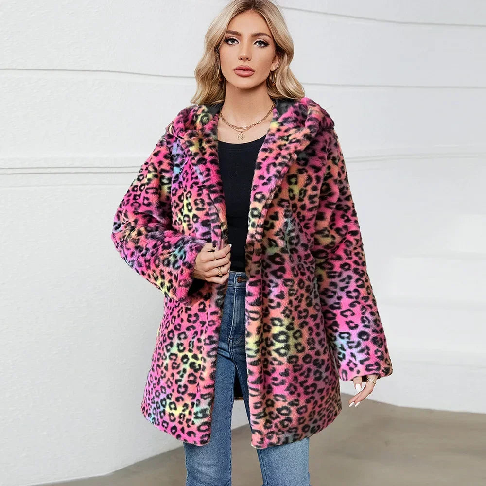 Leopard Print Faux Fur Coat Fur Coat Women Hooded Autumn and Winter Loose Womens Faux Fur Cardigan