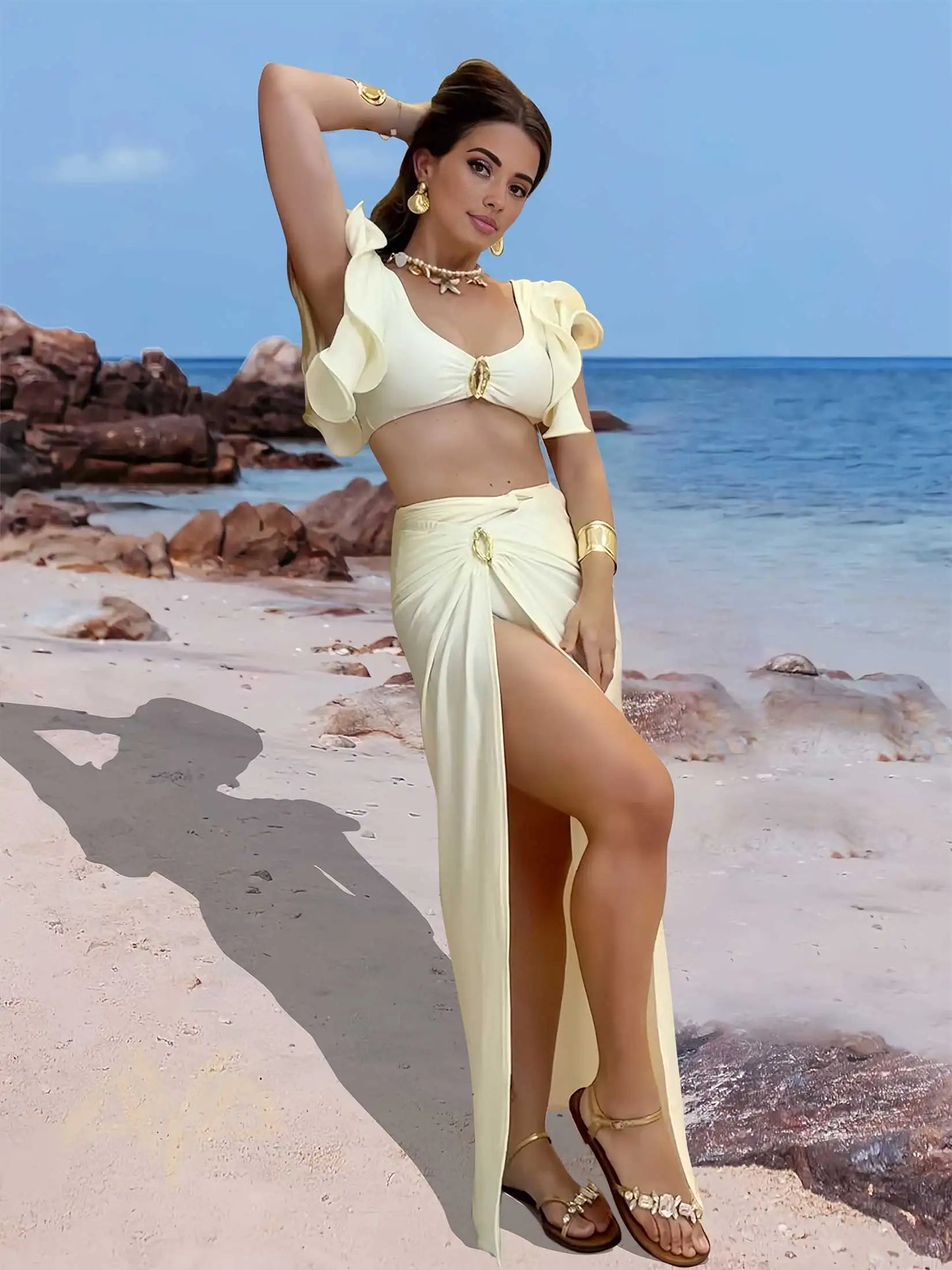 3 Piece Bikini Sets 2025 Sexy Halter Swimsuit Ruffle Cute Swimwear Vintage Bathing Suit with Beach Coverup Pool Party Dress S247