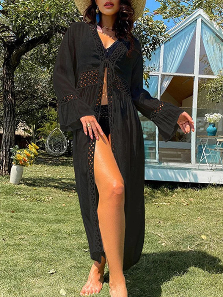 OIINAA Bikini Cover-Ups Women Beach Cover Up Solid Hollow Out Lace Up Plus Size Beach Summer Fashion Female Vacation Beachwear