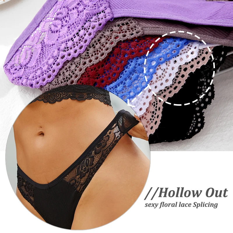 3PCS Cotton Lace Panties for Women Low Wasit Sexy Lingerie Female Soft Solid Color Underwear Hollow V Waist G-String Thongs S-XL