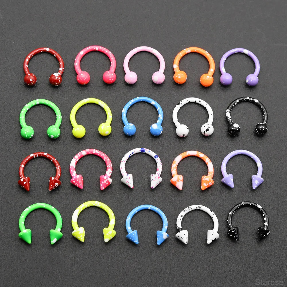 10 Pcs-Set 1.2x8mm Painting Spike Ball Nose Piercing Septum Rings Stainless Steel Horseshoe Ring for Labret Helix BCR Jewelry
