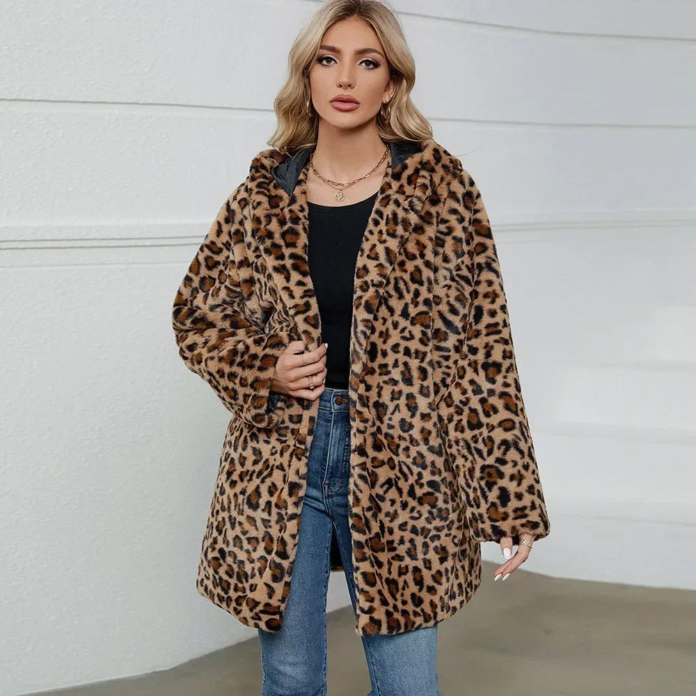 Leopard Print Faux Fur Coat Fur Coat Women Hooded Autumn and Winter Loose Womens Faux Fur Cardigan