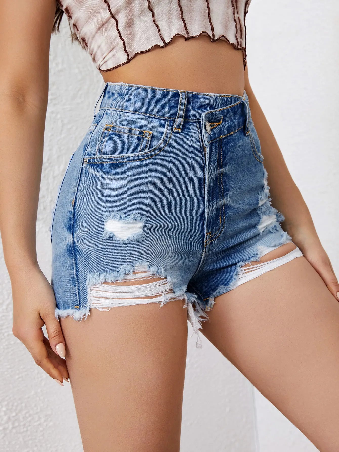 Women's Asymmetrical High Waist Ripped Distressed Denim Shorts Frayed Raw Hem Jean Shorts