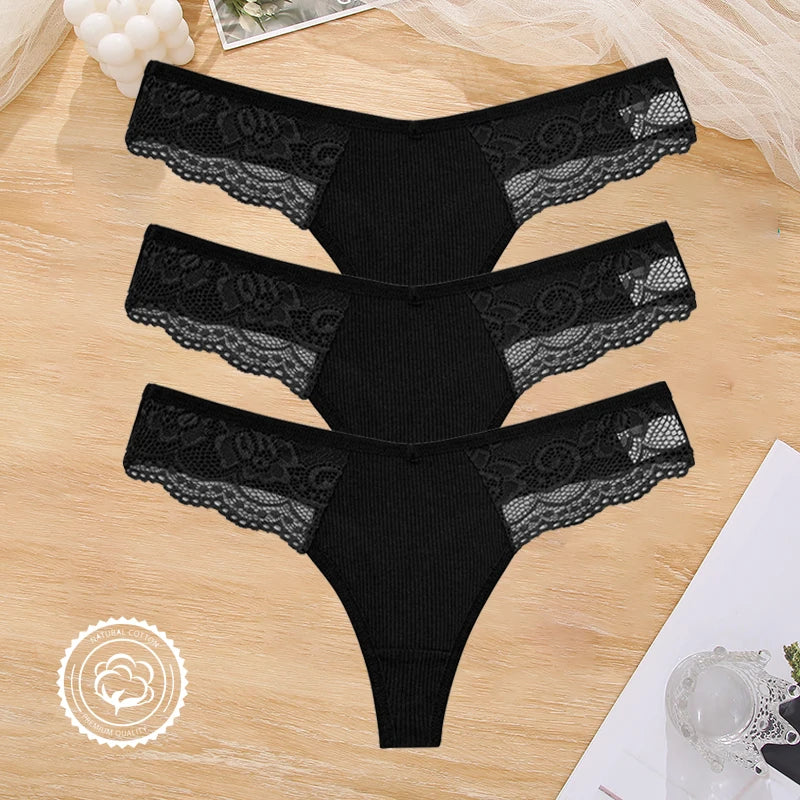3PCS Cotton Lace Panties for Women Low Wasit Sexy Lingerie Female Soft Solid Color Underwear Hollow V Waist G-String Thongs S-XL