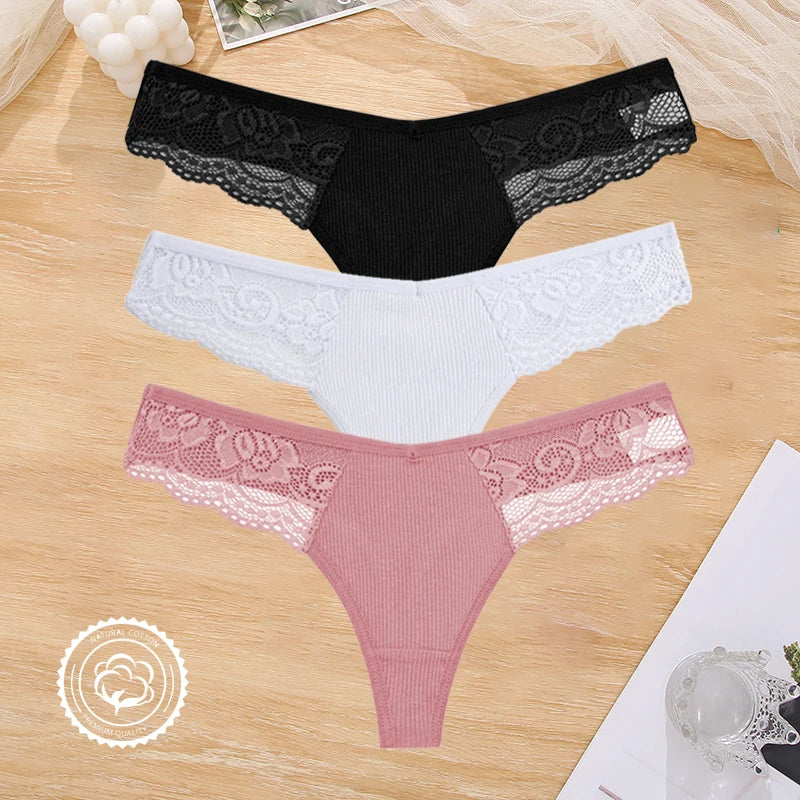 3PCS Cotton Lace Panties for Women Low Wasit Sexy Lingerie Female Soft Solid Color Underwear Hollow V Waist G-String Thongs S-XL
