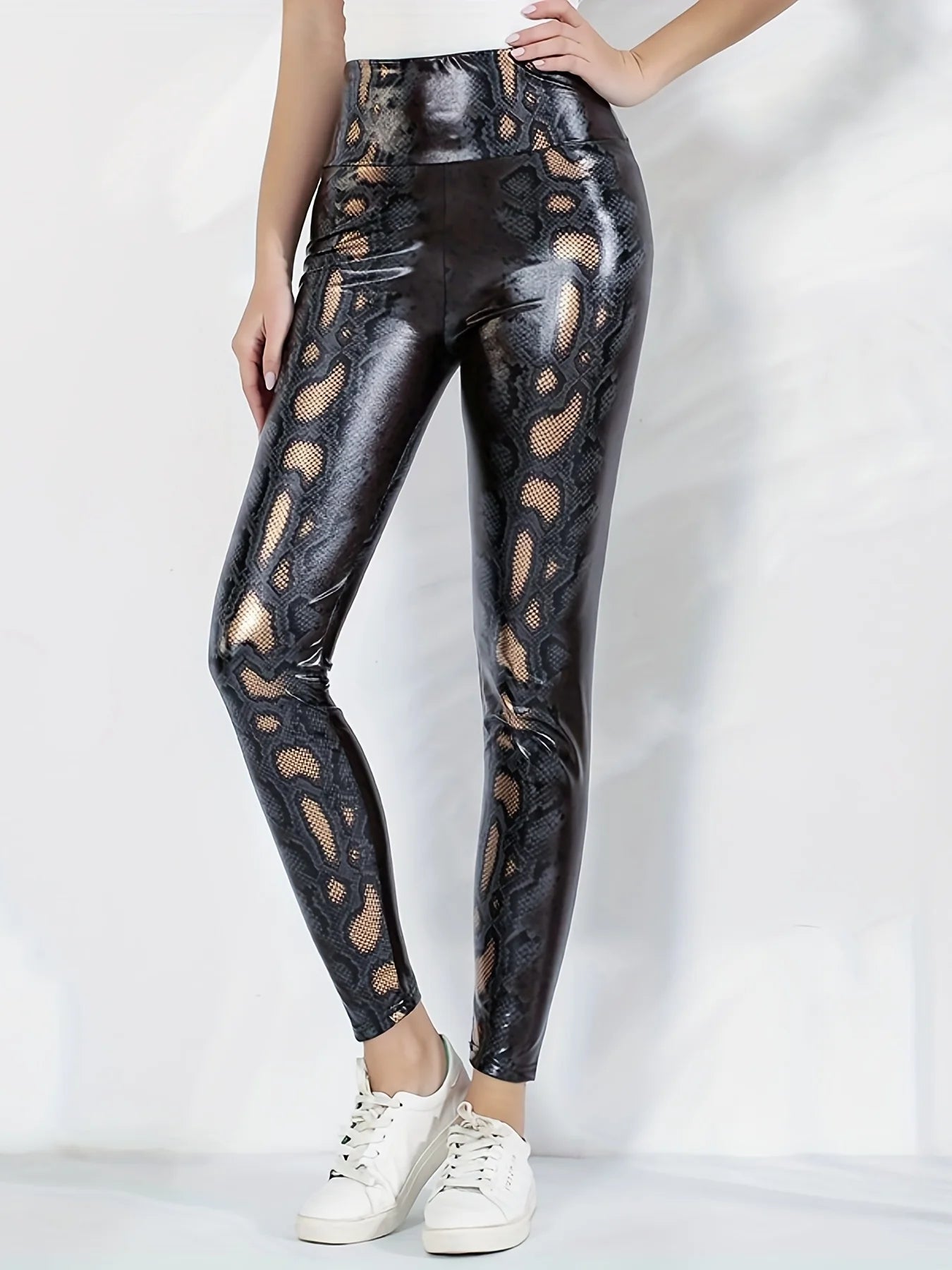 European And American Women's New Leggings High-waisted Tight Stretch Brown Snake Bright Leather Personality Nine-point Pants