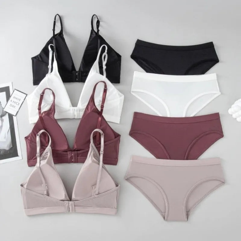 Women Seamless Bras Set Low Rise Panties Nonwire Bra Comfort Bralette Sexy Lingerie Female Push Up Bra Ice Silk Underwear Set