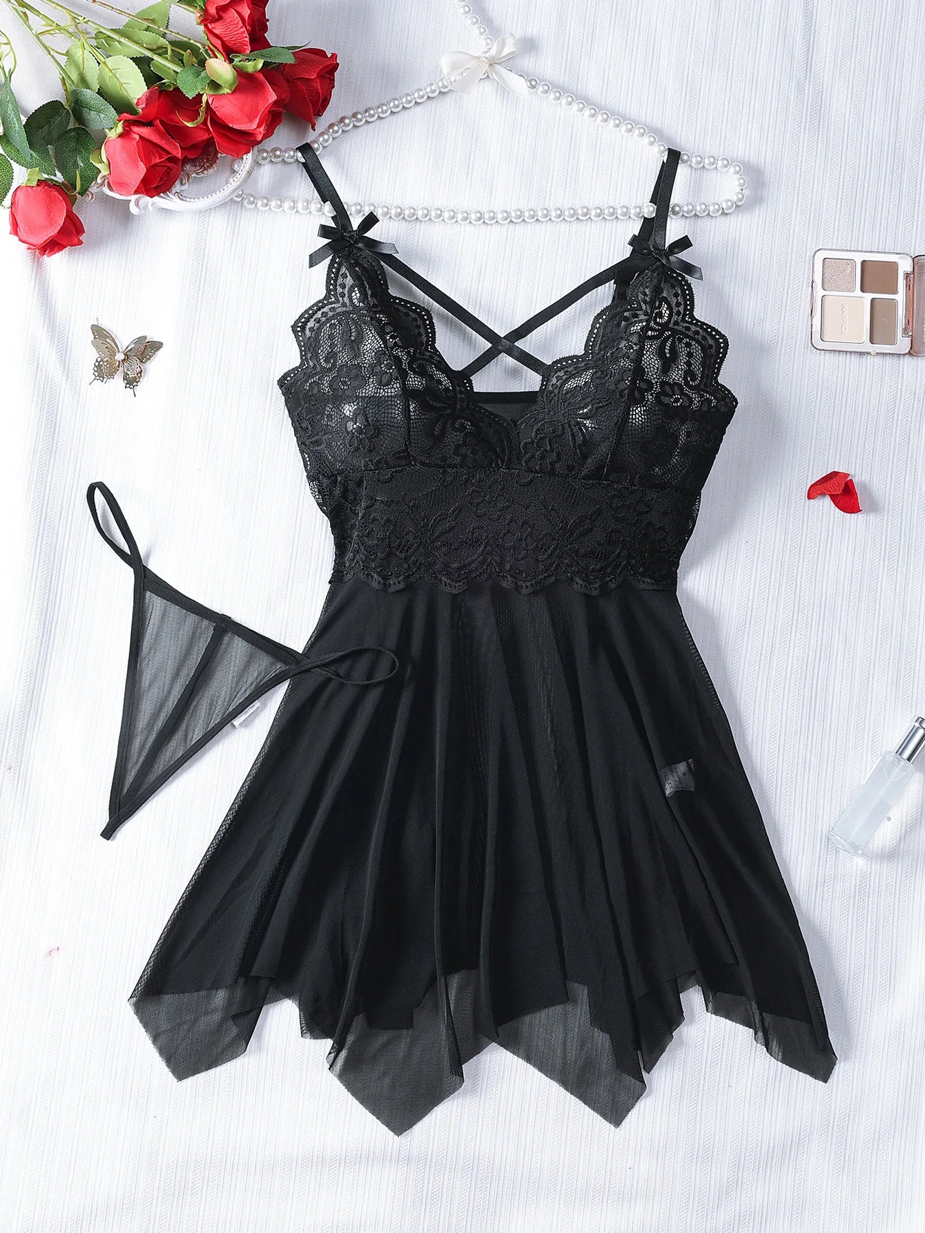 Transparent Red Sexy Lingerie Women's Underwear See Through Sleepwear Lace Nightdress And Panty Pijamas Sets Female Sexy Nighty