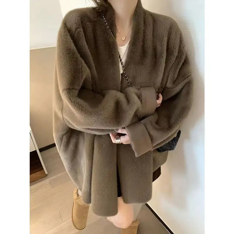 Faux Mink Fur Coat for Women, Covered Button Jackets, V-Neck Overcoat,Female Clothes, Korean, Autumn,Winter,New