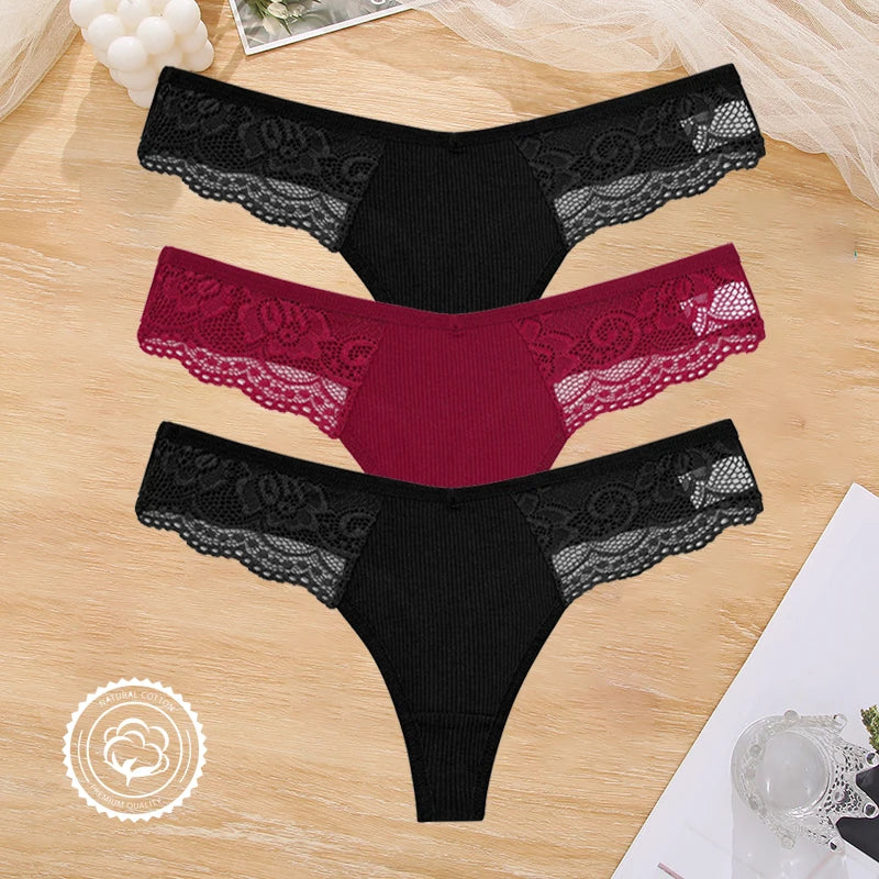 3PCS Cotton Lace Panties for Women Low Wasit Sexy Lingerie Female Soft Solid Color Underwear Hollow V Waist G-String Thongs S-XL