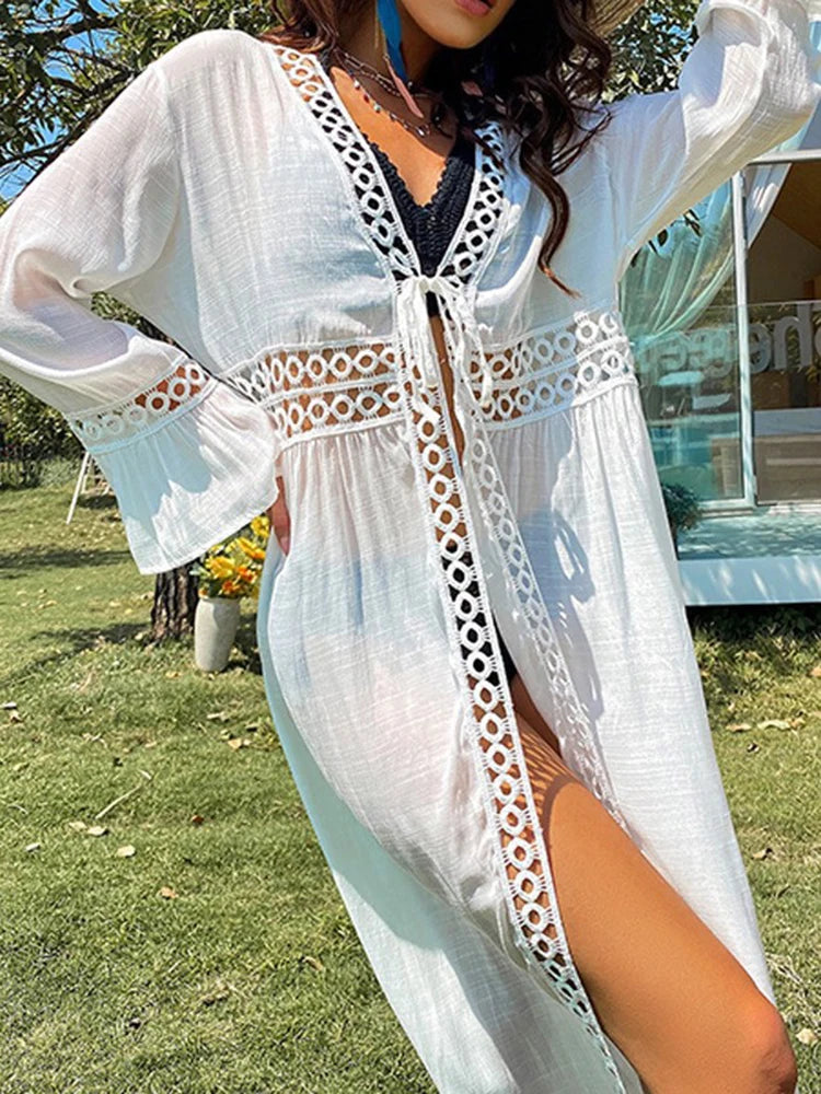 OIINAA Bikini Cover-Ups Women Beach Cover Up Solid Hollow Out Lace Up Plus Size Beach Summer Fashion Female Vacation Beachwear