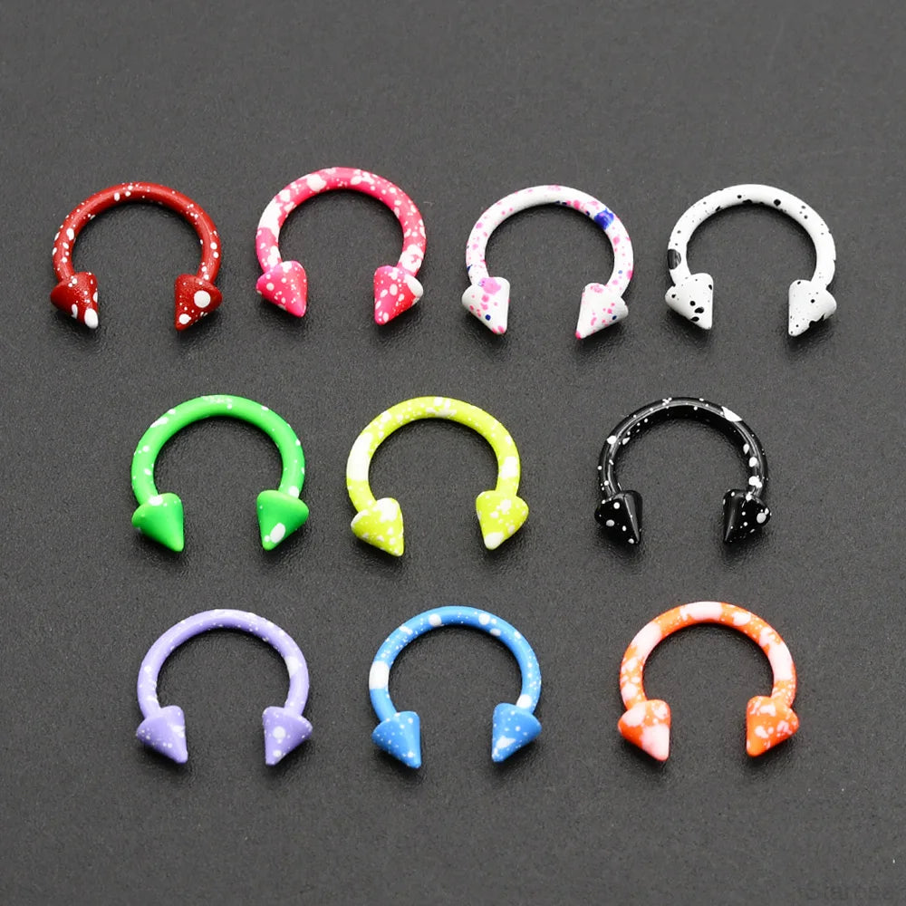 10 Pcs-Set 1.2x8mm Painting Spike Ball Nose Piercing Septum Rings Stainless Steel Horseshoe Ring for Labret Helix BCR Jewelry