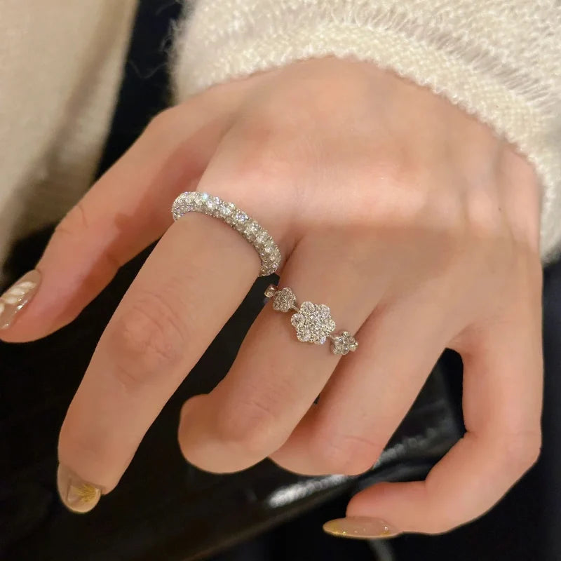 French Style Light Luxury Exquisite Bracelet Chic Elastic Flower Bracelet Sparkling Zircon Snowflake Ring 925 Silver Jewelry Set