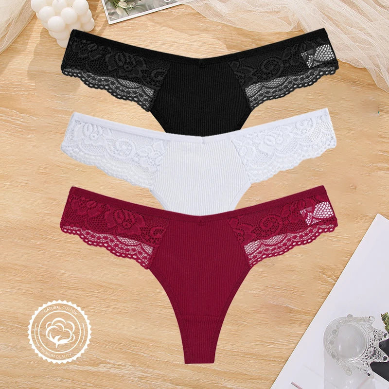 3PCS Cotton Lace Panties for Women Low Wasit Sexy Lingerie Female Soft Solid Color Underwear Hollow V Waist G-String Thongs S-XL